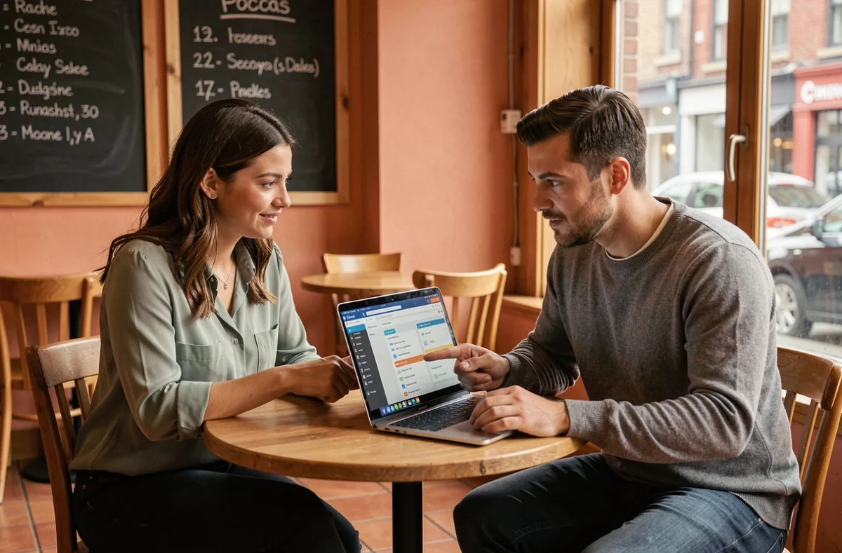 Deux entrepreneurs collaborant sur un guide digital pour lancer leur activité dans un café urbain chaleureux