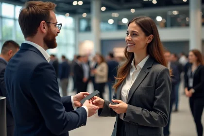 Deux professionnels en costume échangeant des cartes de visite lors d'un événement de networking B2B dans une salle de conférence moderne