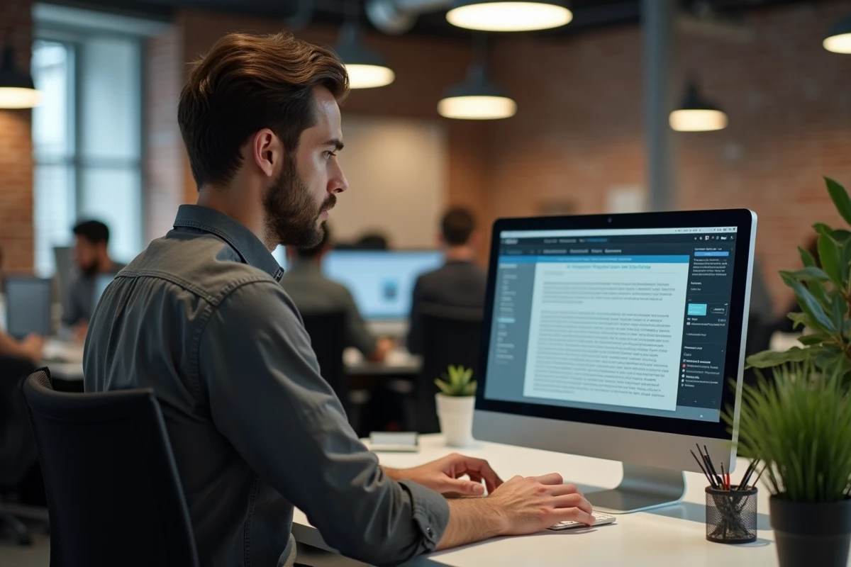 Employé de bureau utilisant un logiciel en langue française dans un espace de travail montréalais dans le contexte de la loi 14