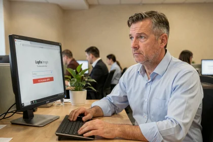 Employé de La Poste devant son ordinateur sur l'écran de connexion GTM extra avec mot de passe oublié