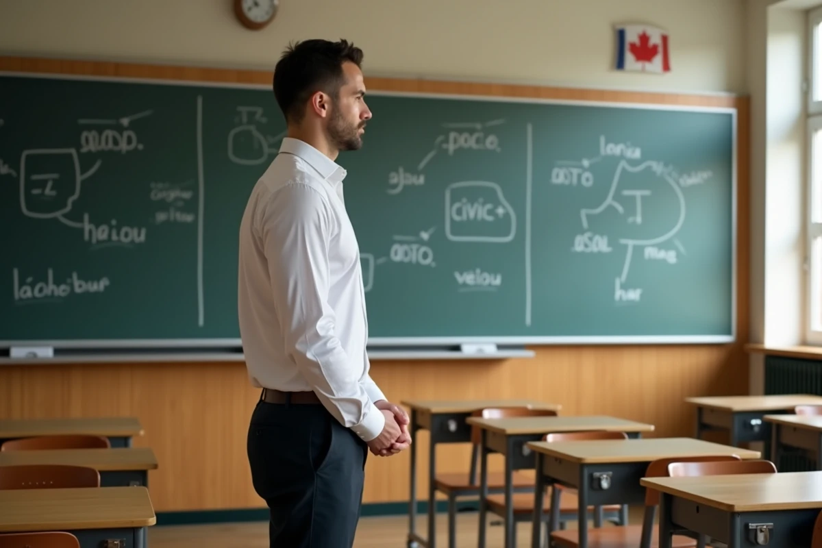 Enseignant québécois dans une salle de classe vide face au tableau inscrit laïcité, évoquant la loi 21 dans les écoles publiques