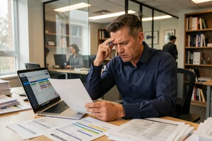 Entrepreneur stressé examinant une facture élevée de réseau B2B à son bureau professionnel