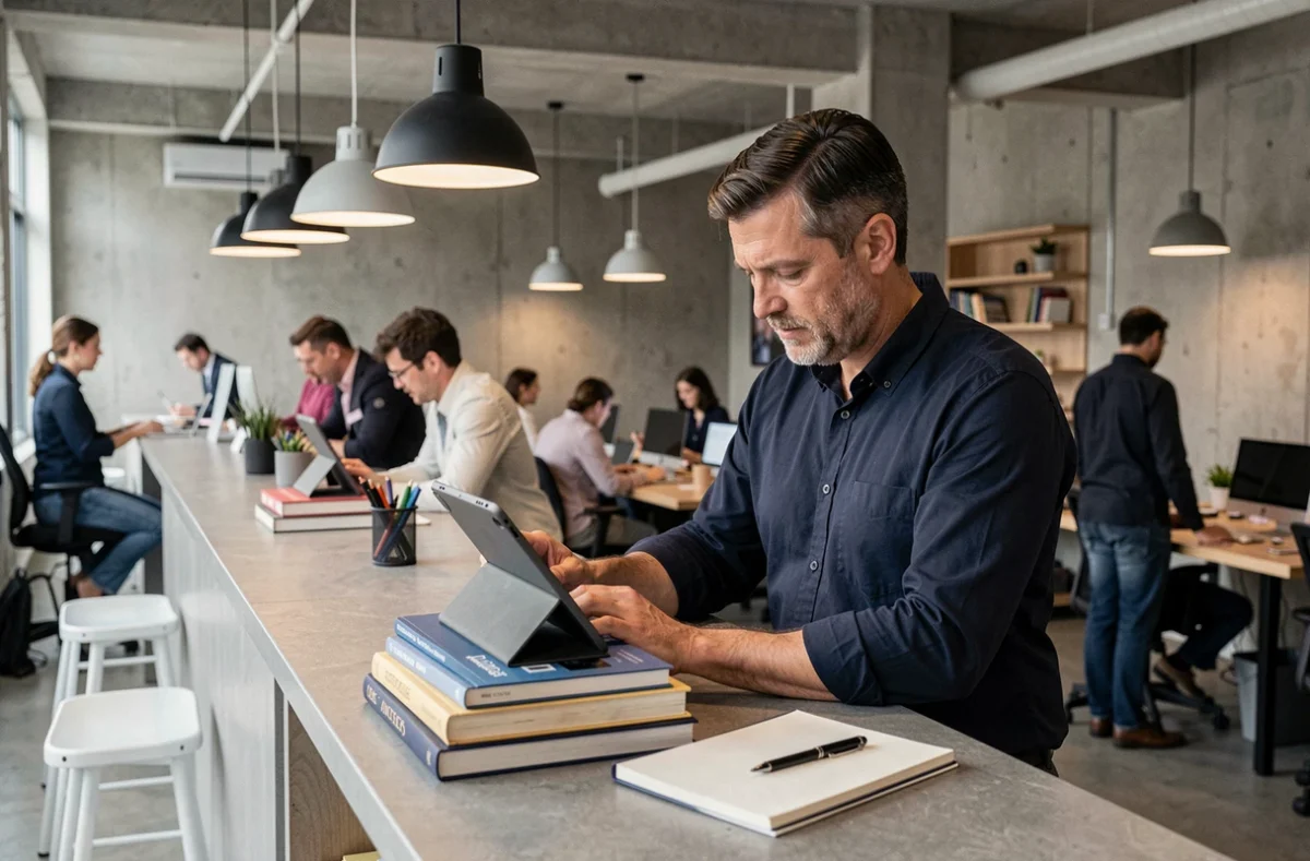 Entrepreneur masculin consultant un guide de formation digitale sur tablette dans un espace de coworking moderne