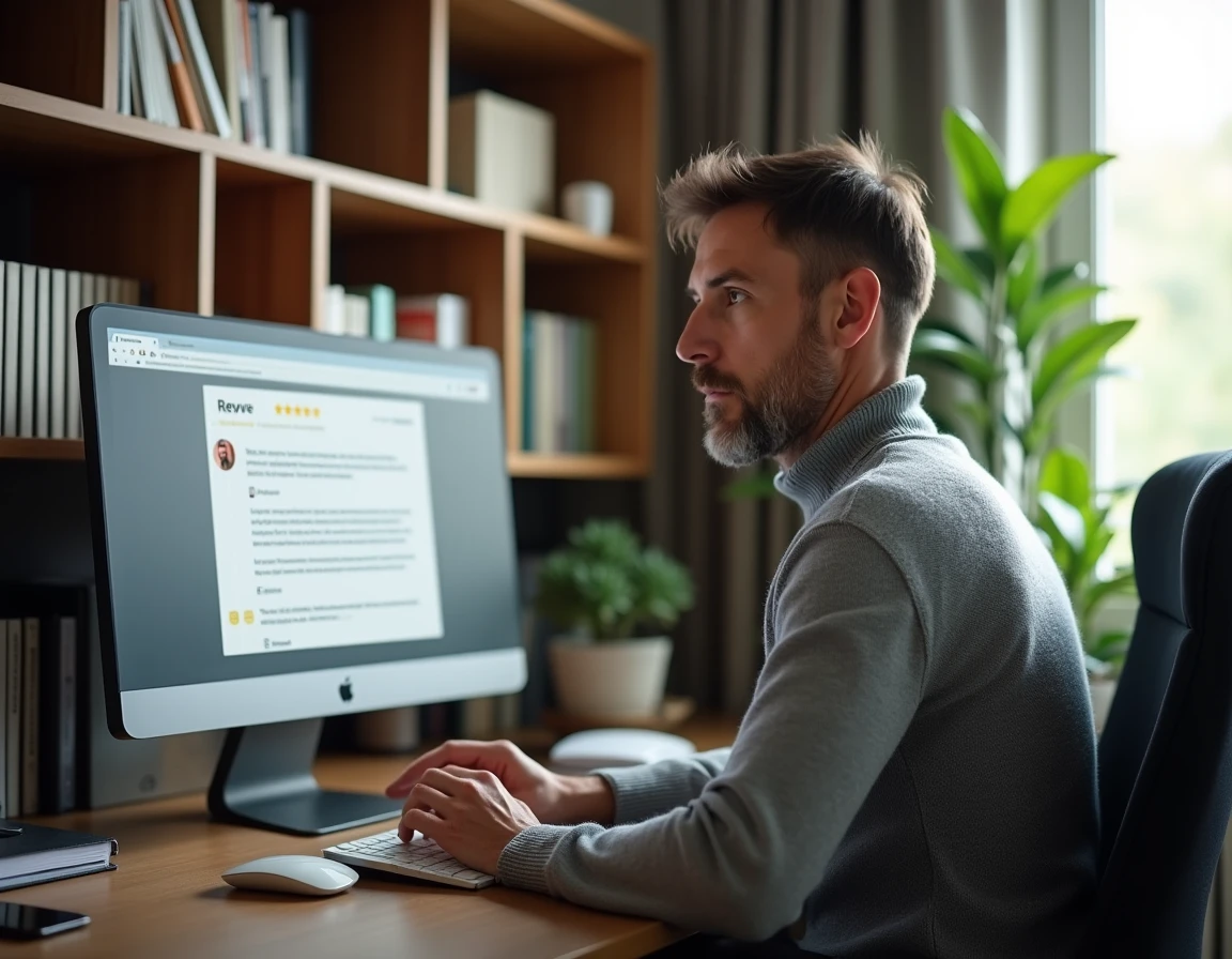 Entrepreneur lisant des avis d'utilisateurs sur un service dédié aux entreprises depuis son bureau à domicile