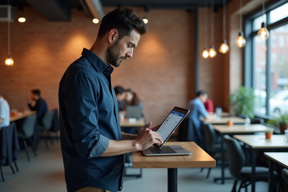 Homme entrepreneur consultant le gestionnaire de publicités Facebook sur une tablette dans un espace de coworking moderne