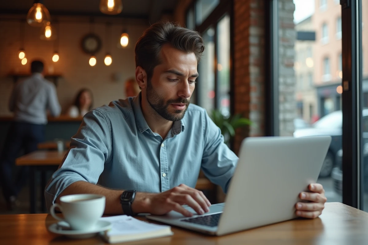 Entrepreneur recherchant une reprise d'entreprise sur un site spécialisé depuis un café