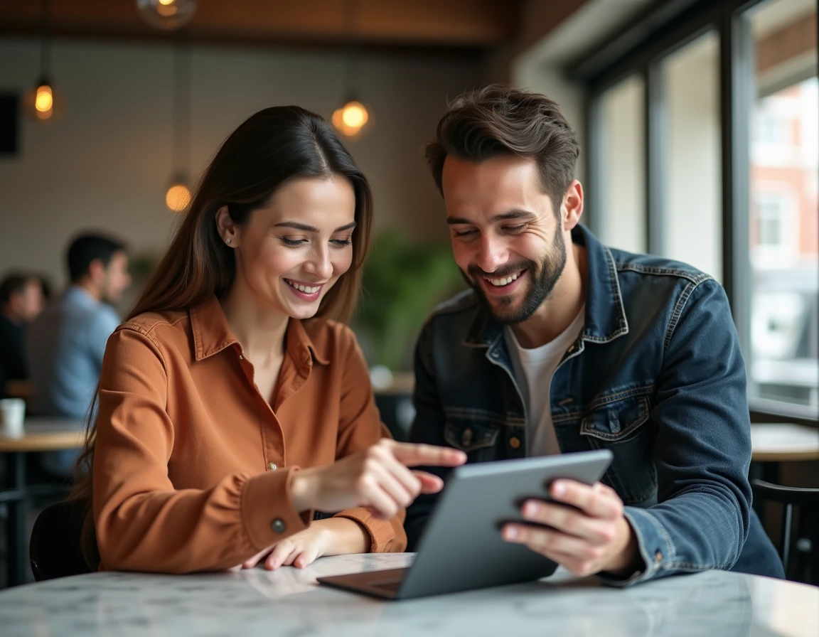 Deux entrepreneurs discutant des avis sur Avenir-entreprise.fr autour d'une tablette dans un café urbain