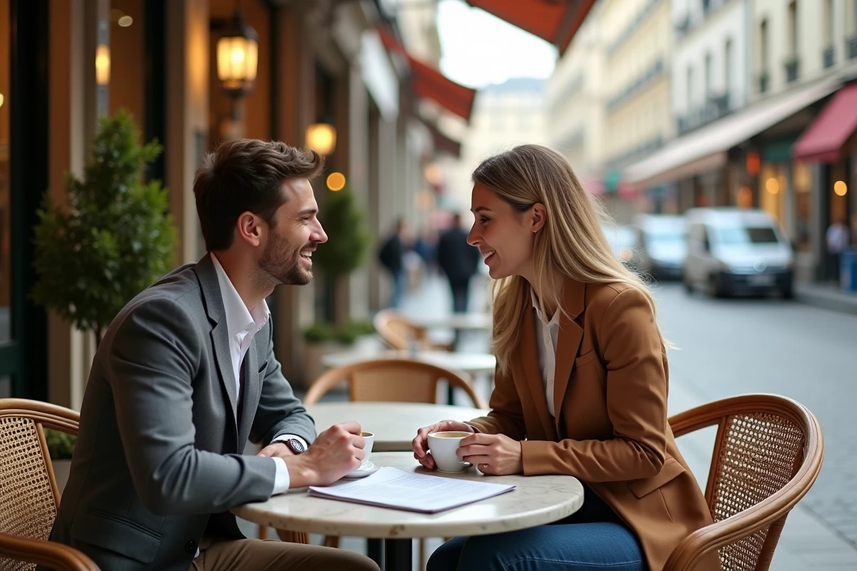Deux jeunes entrepreneurs français discutant des tendances du baromètre entrepreneurial 2026 en terrasse de café à Paris