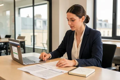 Entrepreneuse française consultant des dossiers de subventions régionales à son bureau dans un espace de coworking moderne