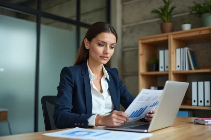 Entrepreneur française analysant des données économiques sur barometre-entreprendre.fr dans un espace de coworking parisien moderne
