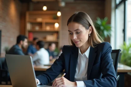 Entrepreneuse consultant un avis sur une plateforme en ligne pour entrepreneurs dans un espace de co-working moderne