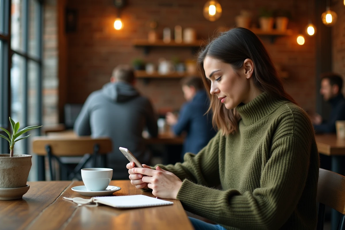 Jeune entrepreneuse rédigeant un SMS de relance client dans un café avec carnet de notes et téléphone sur table en bois