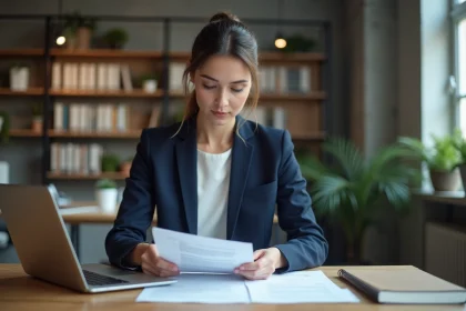 Entrepreneuse startup analysant des documents de dépôt de brevet INPI dans un bureau moderne