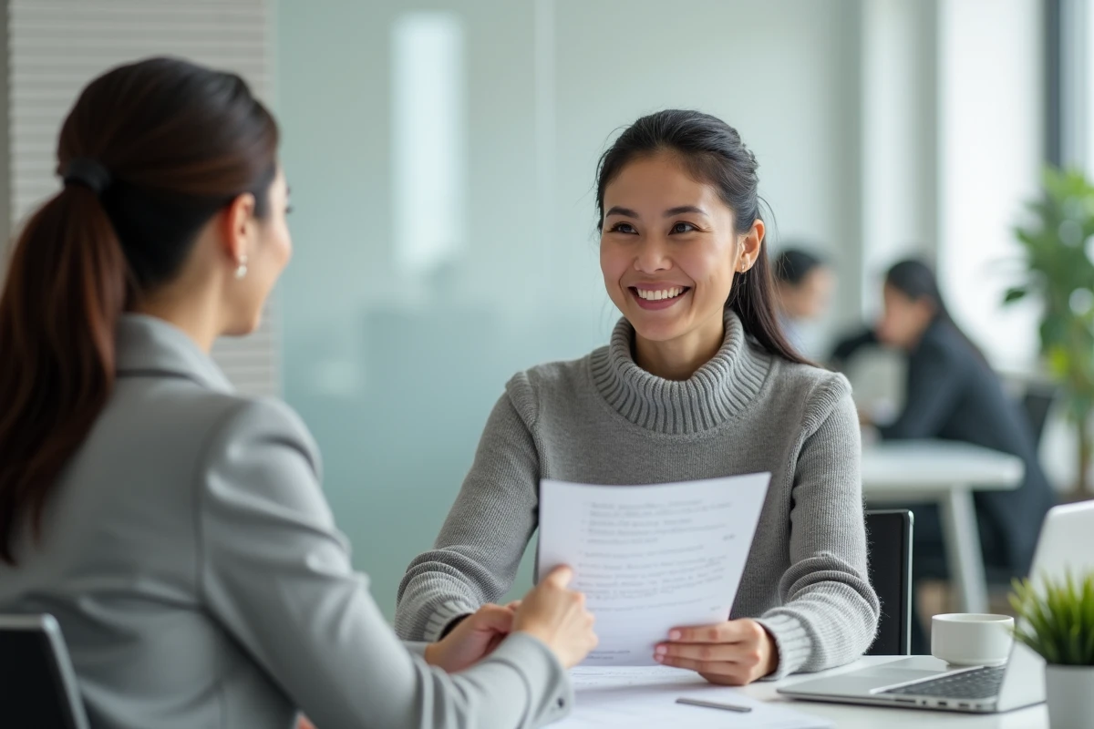Une femme en reconversion professionnelle lors d'un entretien avec une conseillère d'orientation dans un bureau moderne, discutant de son projet de réorientation de carrière