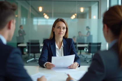 Entretien d'embauche professionnel dans les bureaux modernes du Groupe SYD avec une candidate face aux recruteurs