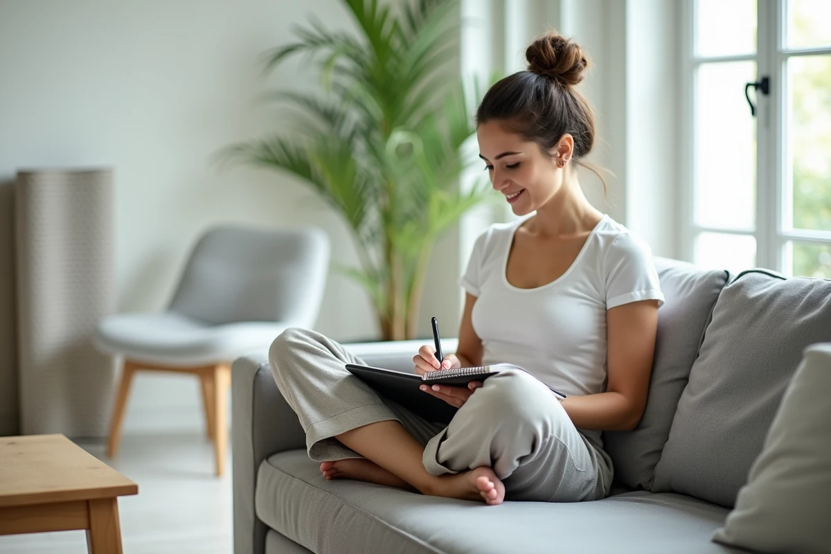 Jeune femme équilibrant vie personnelle et professionnelle depuis son salon avec tablette et carnet de notes