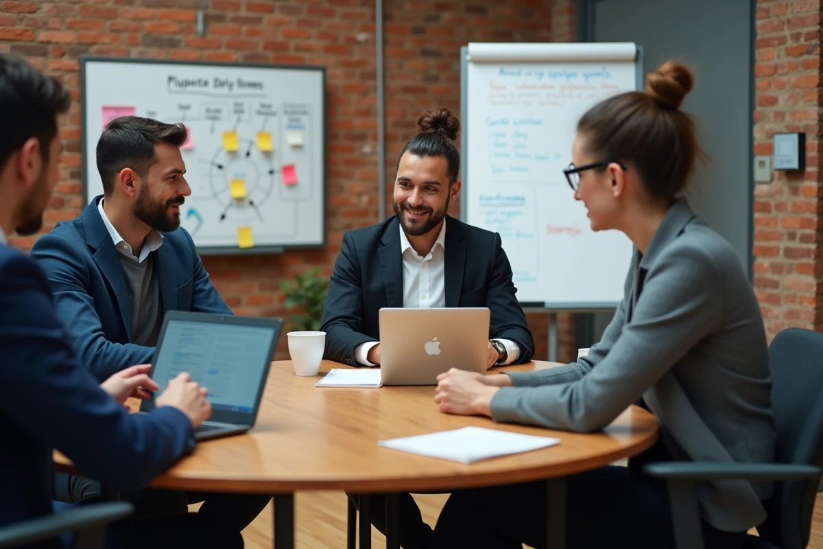 Équipe de professionnels collaborant autour d'une table de réunion pour optimiser une stratégie d'externalisation