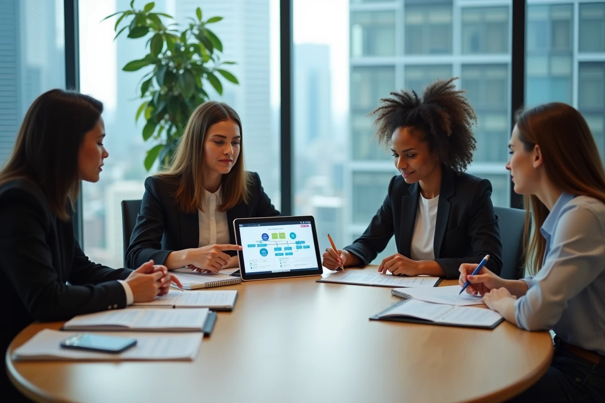 Équipe de professionnels collaborant sur une stratégie de marketing digital autour d'une table de réunion