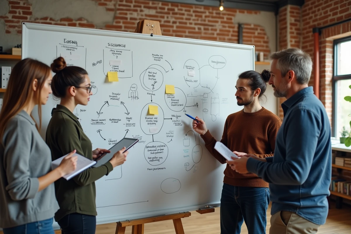 Équipe diverse collaborant devant un tableau blanc couvert de schémas dans un espace de coworking