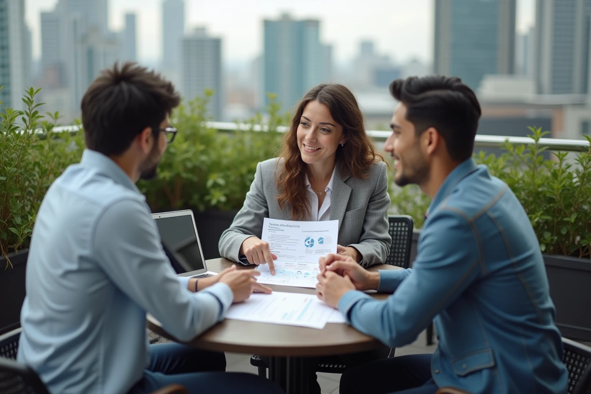 Équipe de collègues en collaboration stratégique sur une terrasse urbaine avec des documents de planification organisationnelle