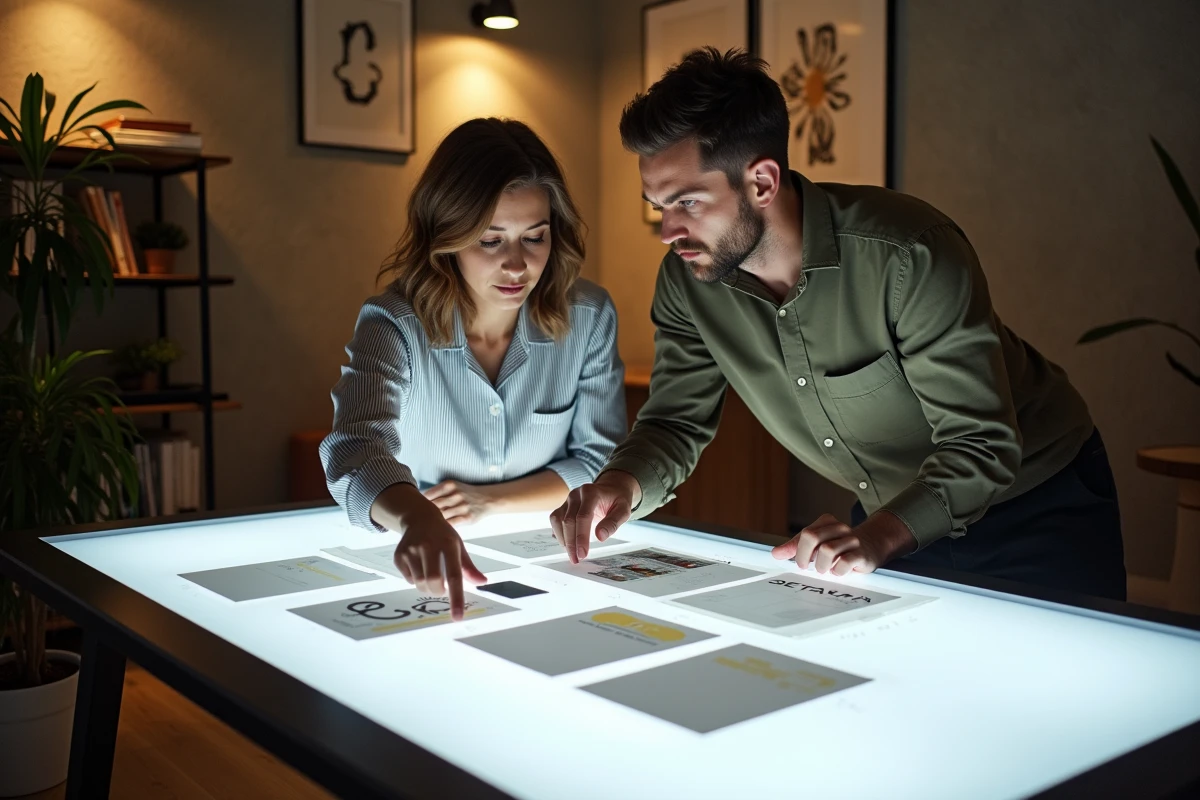 Équipe créative en agence de design discutant des règles d'utilisation d'un logo de marque horlogère sur des maquettes imprimées