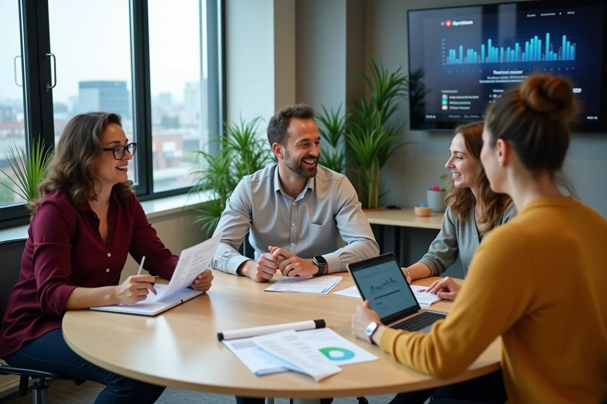 Équipe marketing multiculturelle collaborant autour d'une table de réunion avec des données de campagne