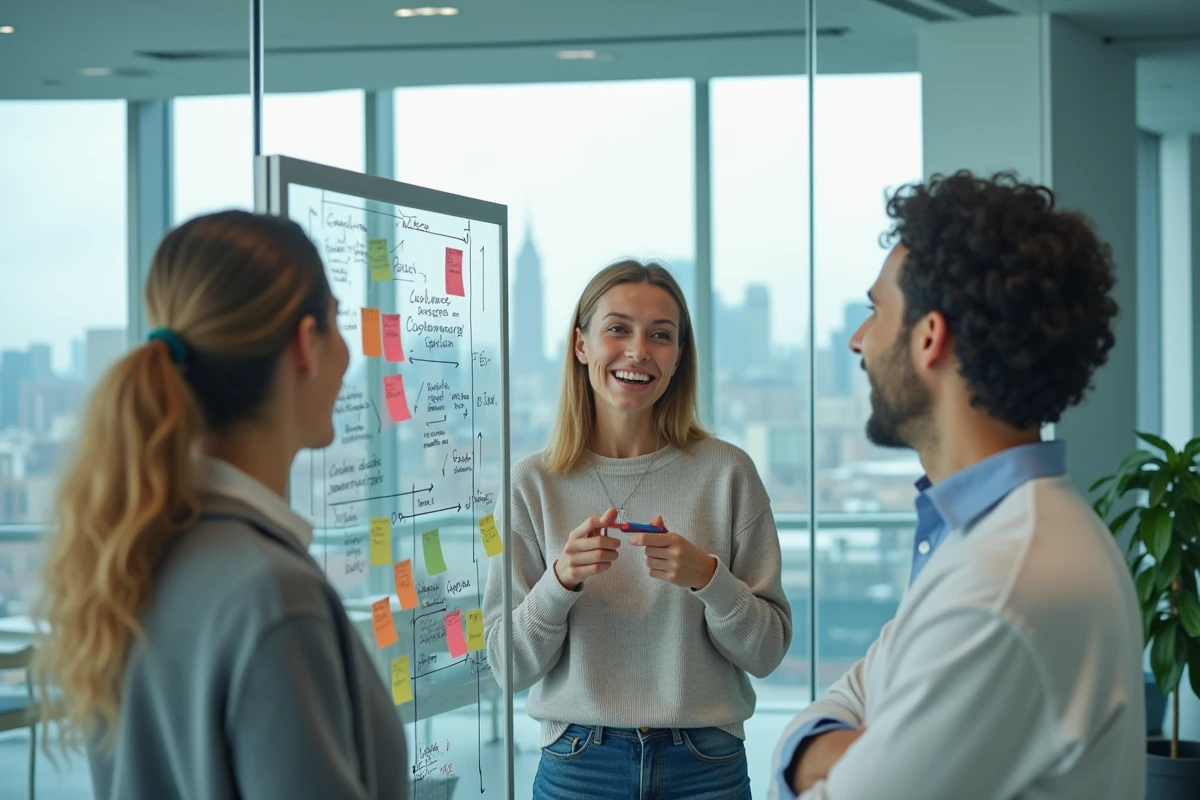 Équipe marketing collaborant sur une stratégie d'attraction inbound devant un tableau blanc en salle de réunion