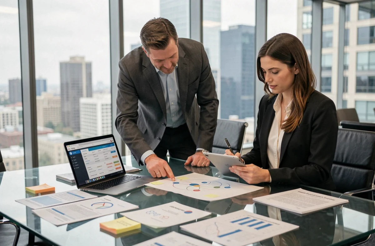 Équipe marketing collaborant sur une stratégie CRM avec des rapports clients et une base de données sur laptop