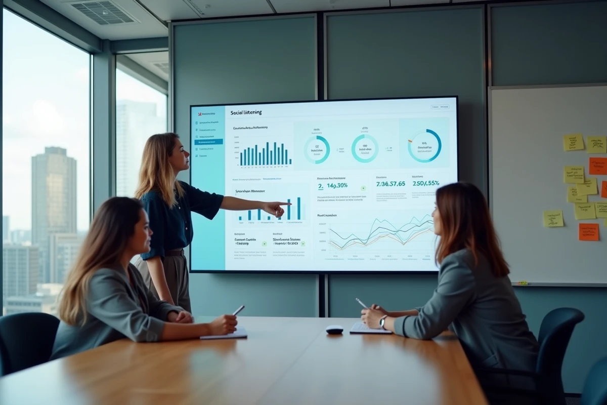 Une équipe marketing analyse un tableau de bord de veille de réputation en ligne lors d'une réunion stratégique