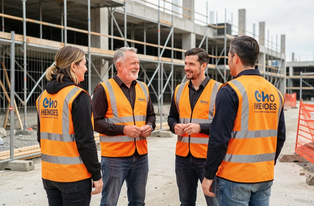 Équipe de quatre ouvriers en chantier portant des gilets de sécurité orange personnalisés assortis avec logo d'entreprise imprimé sur un chantier de construction