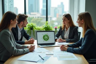Équipe de professionnels discutant de la responsabilité sociale des entreprises autour d'une table de conférence avec des documents ISO 26000