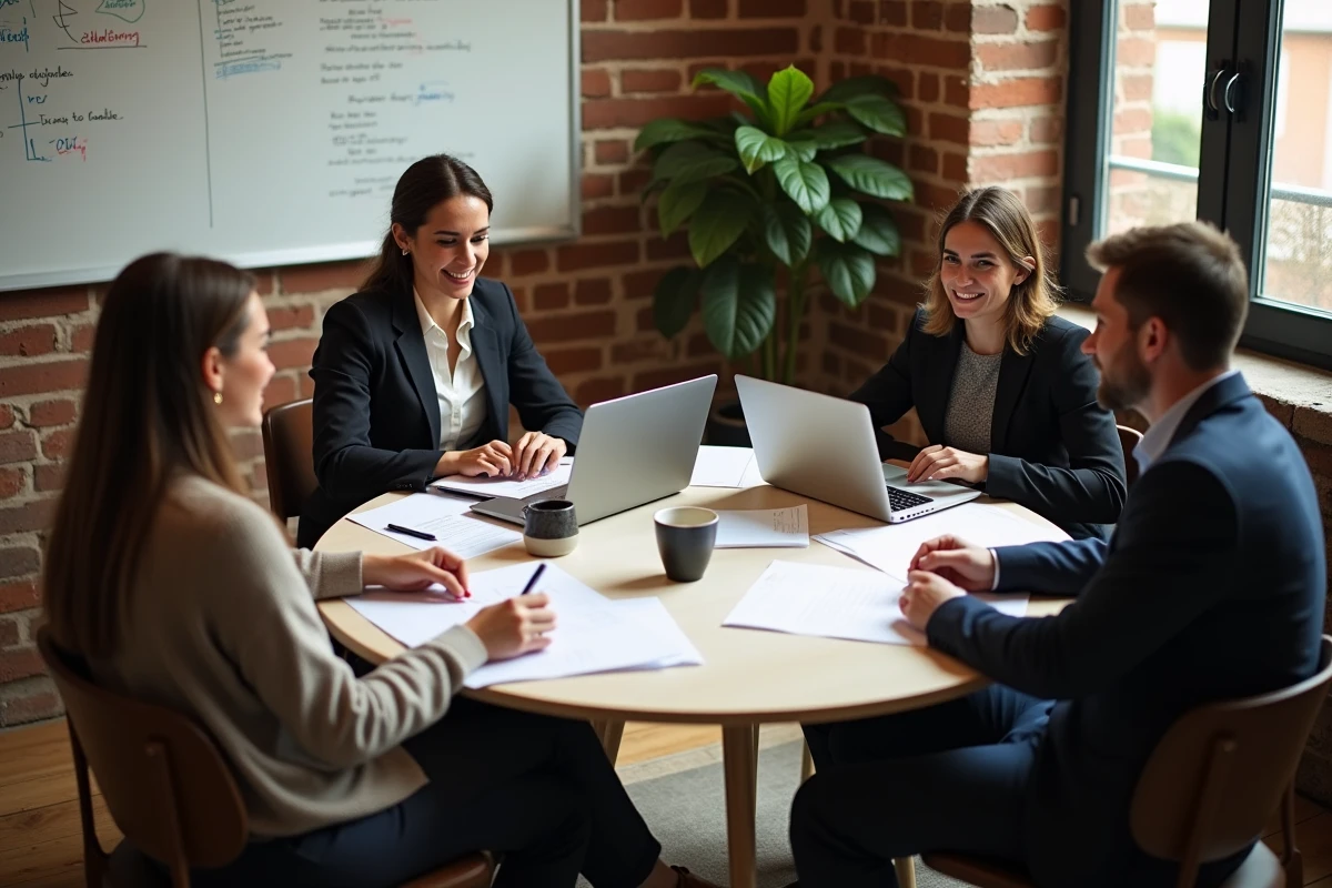 Équipe professionnelle en réunion autour d'une table ronde dans une salle créative avec tableau blanc et ordinateurs portables