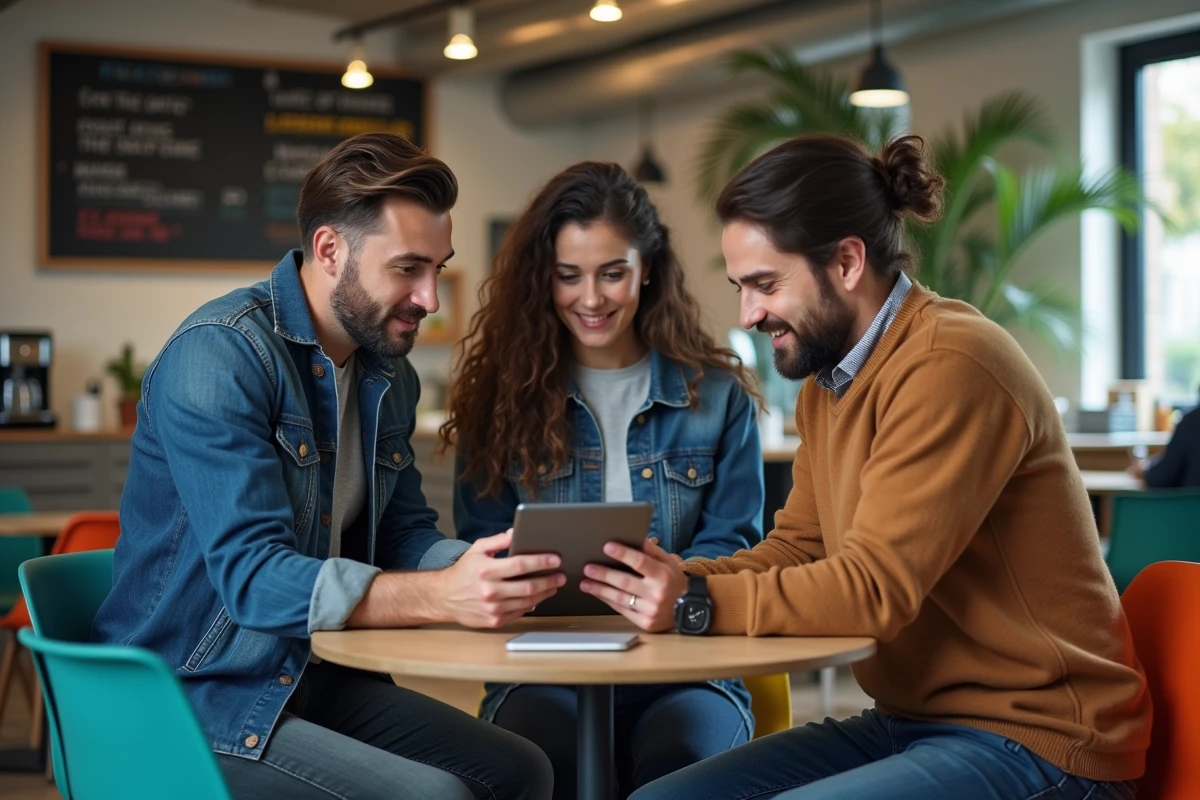 Équipe de salariés d'une start-up discutant des salaires et rémunérations autour d'une tablette dans une cuisine de bureau moderne