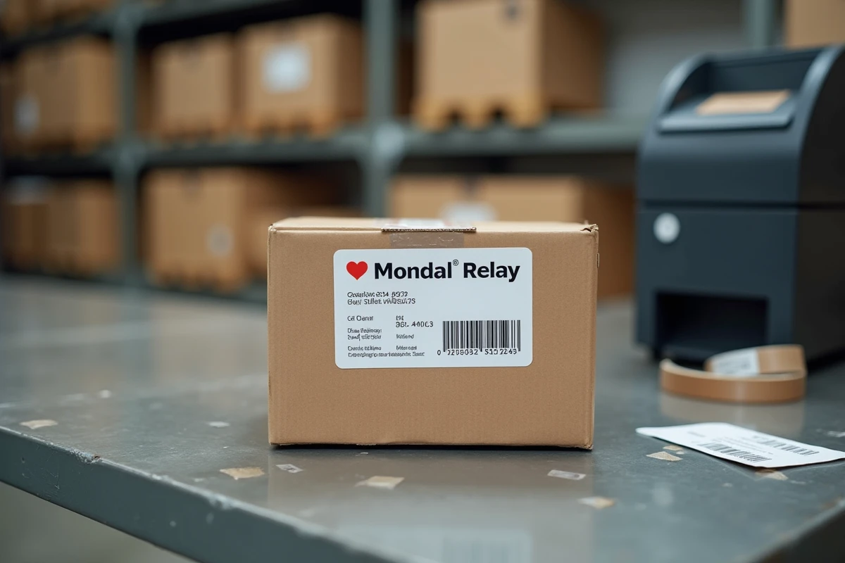 Étiquette de suivi sur un colis Mondial Relay posé sur une table de tri dans un site hub