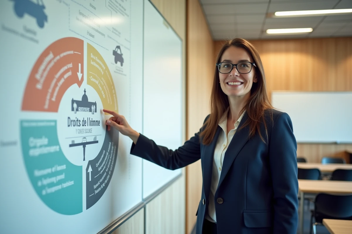 Femme experte présentant les piliers de la norme ISO 26000 sur la responsabilité sociétale des organisations devant un infographique