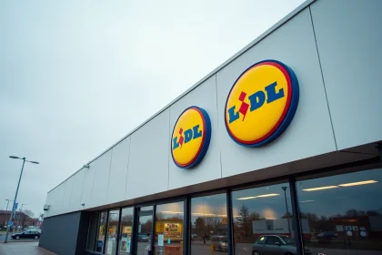 Façade moderne d'un magasin Lidl avec logo iconique jaune rouge et bleu sur fond blanc épuré