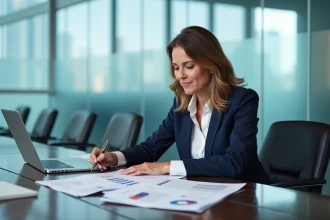 Femme d'affaires analysant des documents pour une reprise d'entreprise en salle de réunion