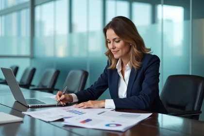 Femme d'affaires analysant des documents pour une reprise d'entreprise en salle de réunion