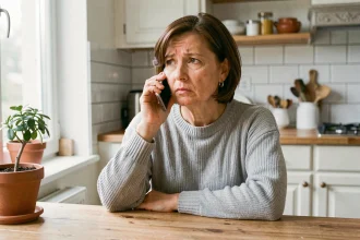 Femme au téléphone cherchant à contacter le service client Orange depuis sa cuisine