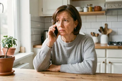 Femme au téléphone cherchant à contacter le service client Orange depuis sa cuisine