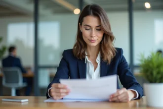 Femme professionnelle en blazer marine consultant des documents de politique de confidentialité dans un bureau moderne