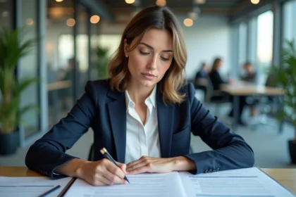 Femme cadre examinant des documents sur les nouvelles lois de congés payés dans un bureau moderne