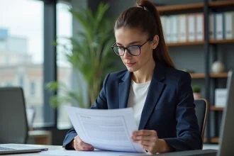 Femme cadre en entreprise lisant attentivement une circulaire officielle à son bureau