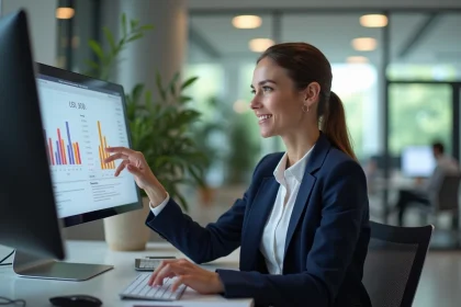 Femme cadre analysant un tableau de bord business sur un écran dans un bureau moderne