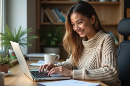 Femme consultant un site de comparaison d'experts en ligne sur un laptop dans un bureau à domicile bien organisé
