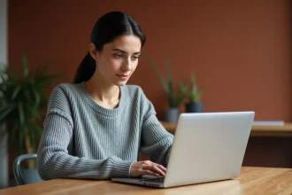 Femme parcourant un site de e-commerce français sur son ordinateur portable dans un appartement parisien moderne