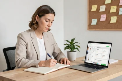 Femme entrepreneur consultant un guide digital sur son ordinateur portable dans un bureau minimaliste à domicile