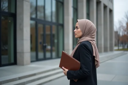 Femme portant un hijab devant un bâtiment gouvernemental québécois, illustrant le débat sur la loi 21 sur la laïcité