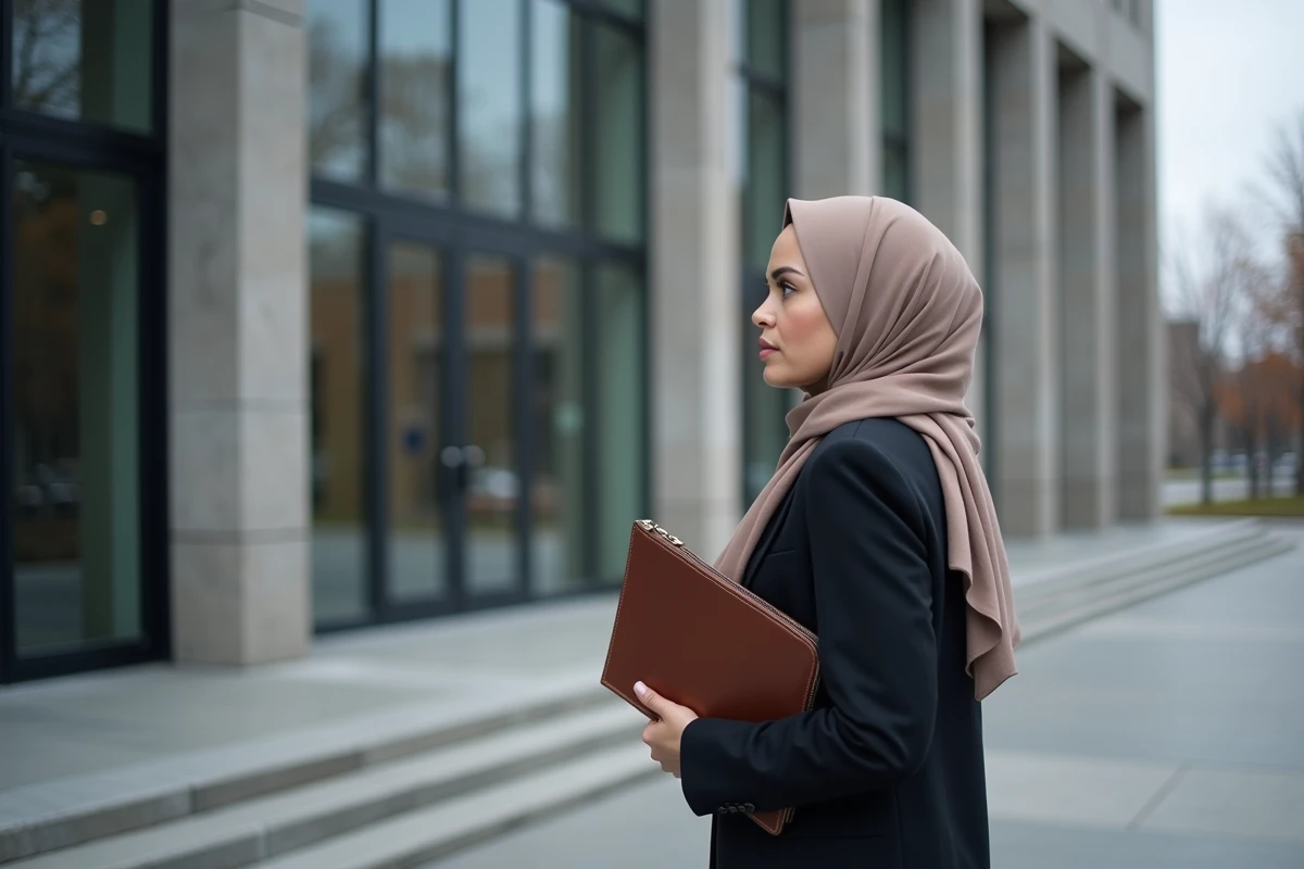Femme portant un hijab devant un bâtiment gouvernemental québécois, illustrant le débat sur la loi 21 sur la laïcité