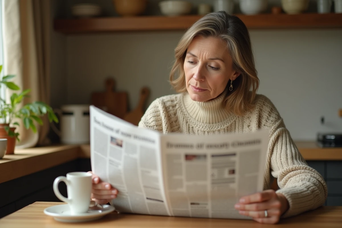 Femme lisant un journal quotidien à sa table de cuisine, illustrant les habitudes de lecture de la presse papier en France
